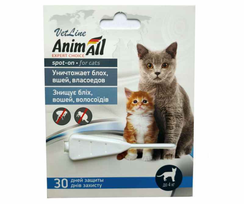 AnimAll VetLine (ЭнимАлл ВетЛайн) Spot-On - Противопаразитарные капли на холку от блох и клещей для котов (до 4 кг) в E-ZOO