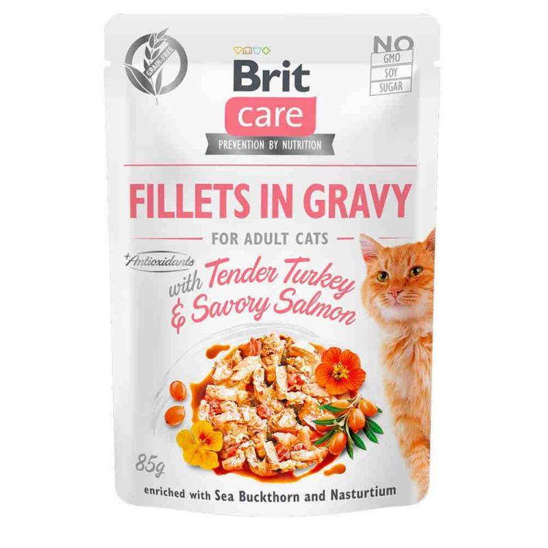 Brit Care (Бріт Кеа) Fillets in Gravy Tender Turkey & Savory Salmon - Вологий корм "Філе в соусі" з ніжною індичкою та пікантним лососем для котів (85 г) в E-ZOO