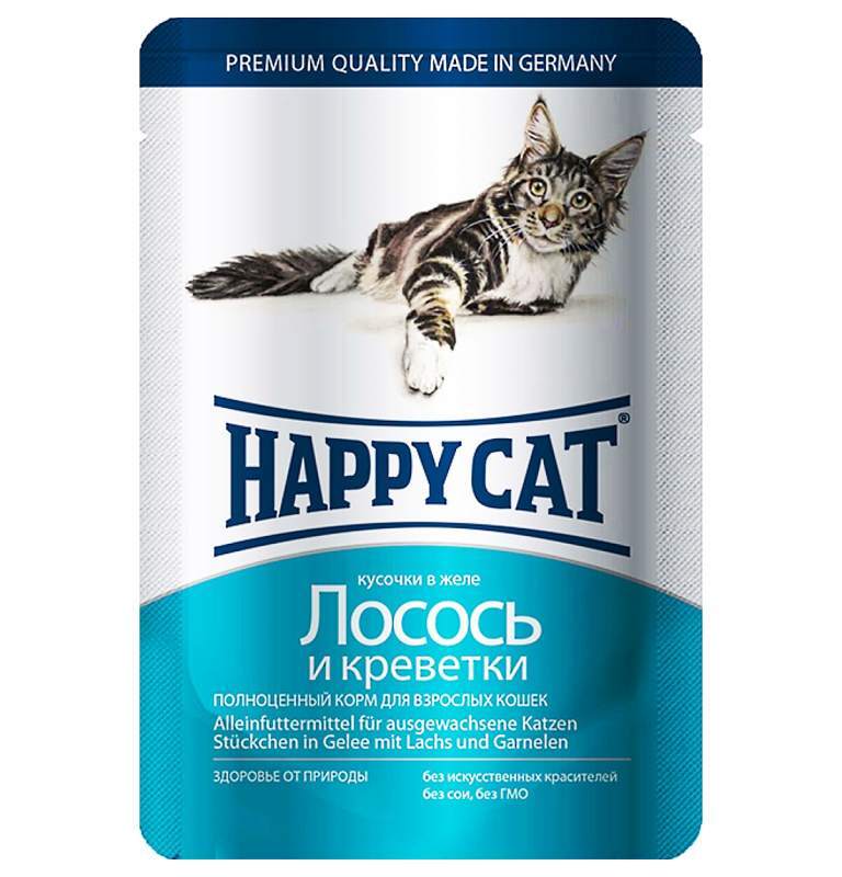 Happy Cat (Хэппи Кэт) Консервированный корм с лососем и креветкой для котов (кусочки в желе) (100 г) в E-ZOO