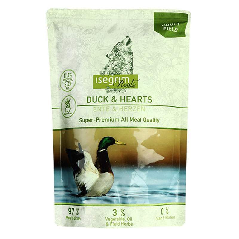 Isegrim (Ізегрім) Pouch Roots Duck & Hearts - Консервований корм з качкою та курячими сердечками для дорослих собак (410 г) в E-ZOO