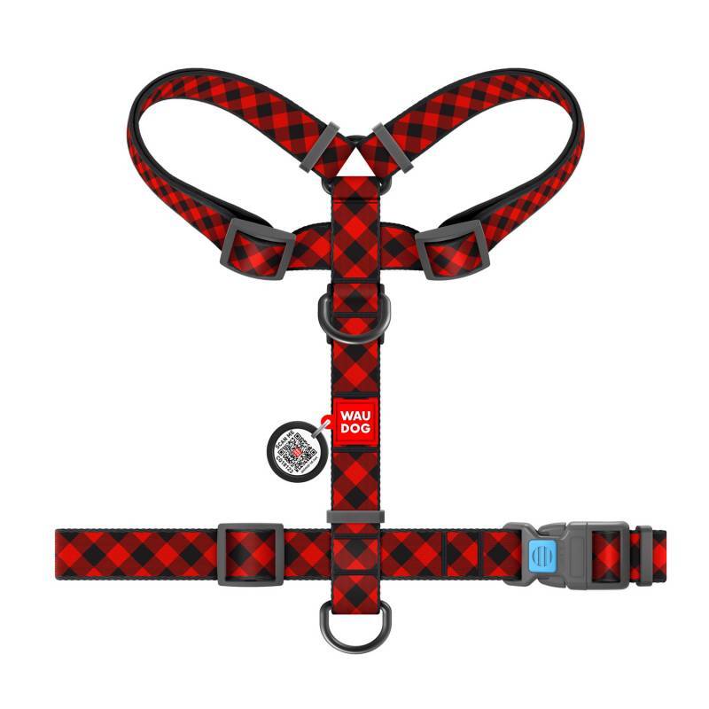 Collar (Коллар) WAUDOG Nylon - Анатомическая H-образная шлея для собак c рисунком "Шотландка красная" и QR паспортом (S/30-40х30-50 см) в E-ZOO