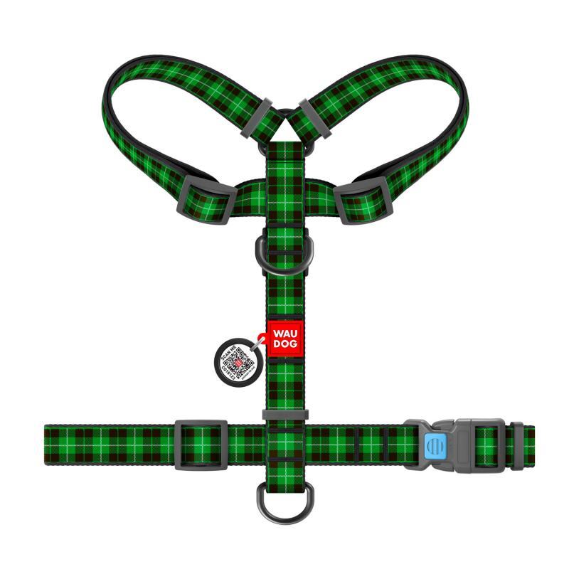 Collar (Коллар) WAUDOG Nylon - Анатомическая H-образная шлея для собак c рисунком "Шотландка зеленая" и QR паспортом (L/50-90х60-100 см) в E-ZOO
