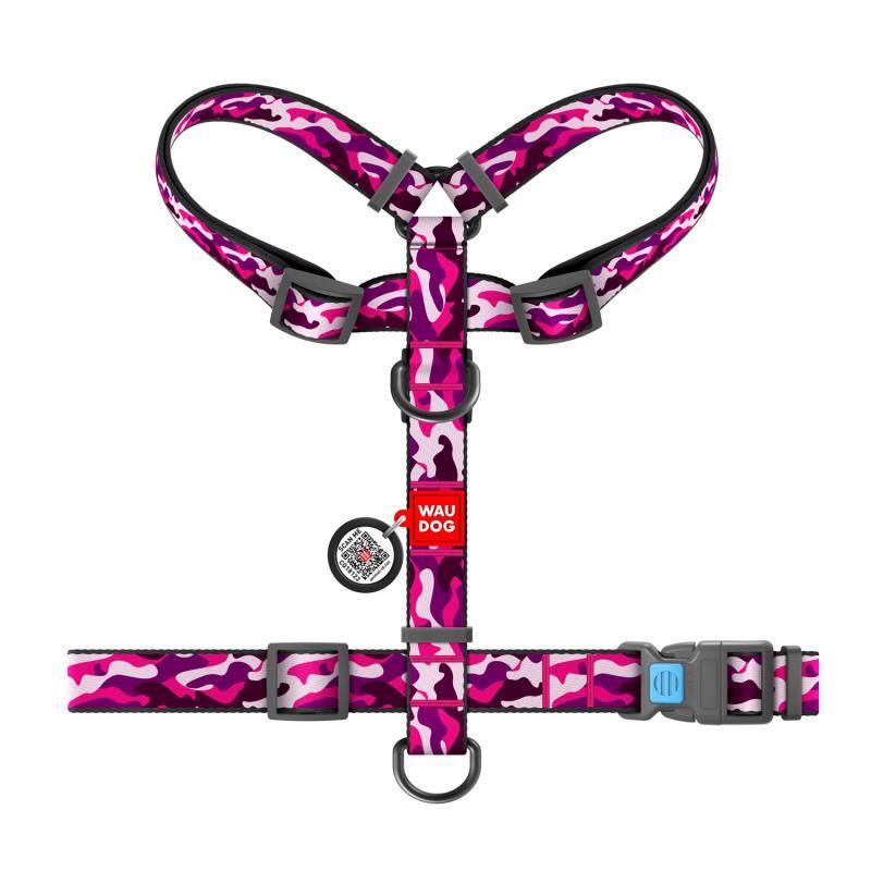 Collar (Коллар) WAUDOG Nylon - Анатомическая H-образная шлея для собак c рисунком "Розовый камо" и QR паспортом (L/50-90х60-100 см) в E-ZOO