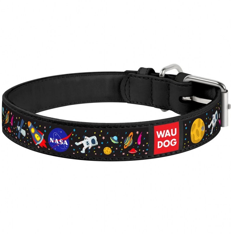 Collar (Коллар) WAUDOG Design - Ошейник кожаный для собак с рисунком "NASA" и QR паспортом (2,5х38-49 см) в E-ZOO