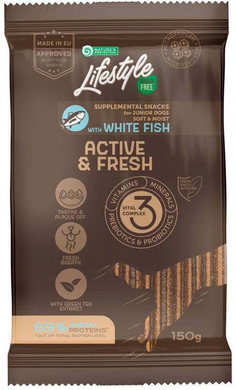 Nature's Protection (Нейчерес Протекшн) Lifestyle Grain Free White fish Active & Fresh – Беззерновое лакомства с белой рыбой для активных молодых собак (150 г) в E-ZOO