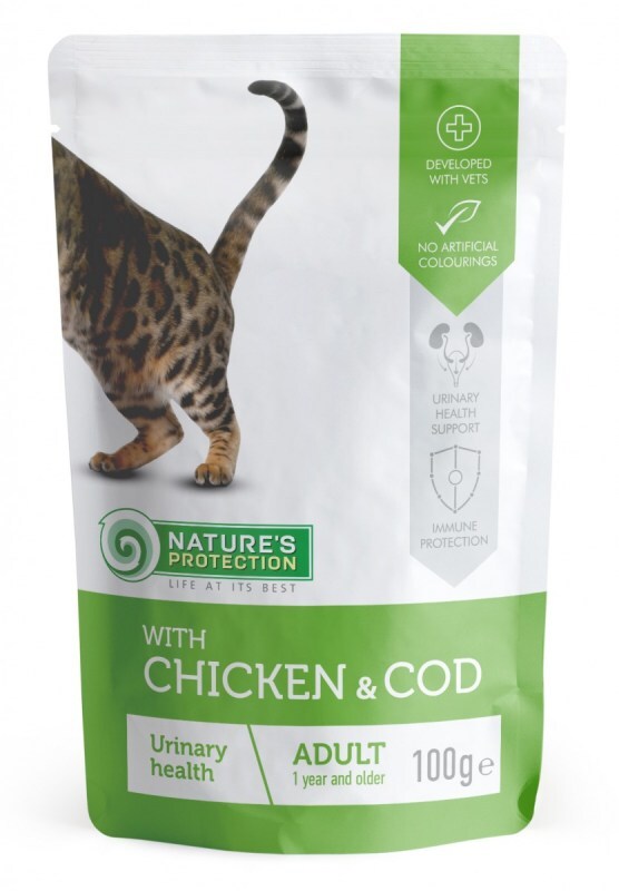 Nature's Protection (Нейчерес Протекшн) Urinary health Chicken&Cod - Вологий корм з куркою та тріскою для дорослих котів з функцією підтримки сечовивідної системи (шматочки в соусі) (100 г) в E-ZOO