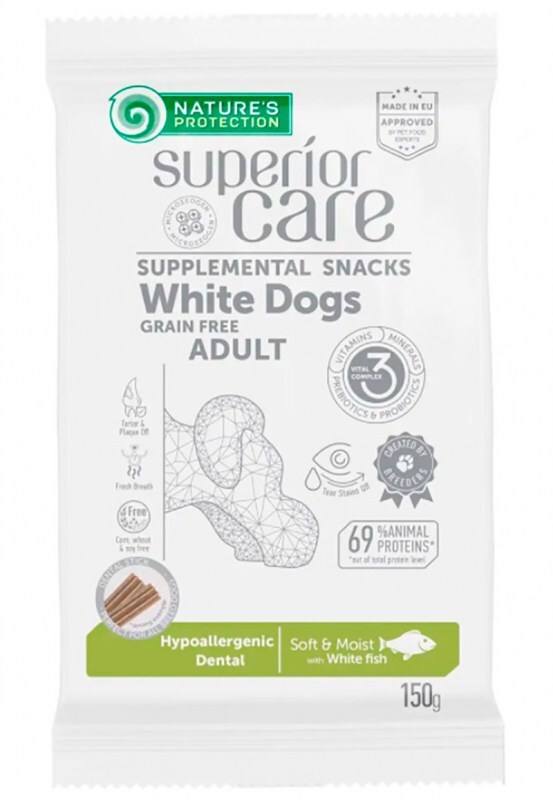 Nature's Protection (Нейчерес Протекшн) Superior Care White Dogs Hypoallergenic & Dental Care – Беззерновое лакомство с белой рыбой для собак с белым окрасом шерсти (150 г) в E-ZOO