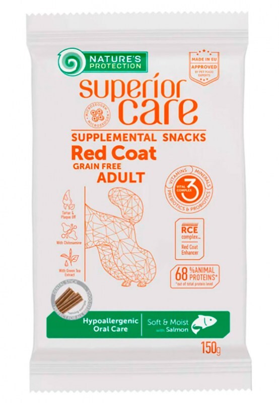 Nature's Protection (Нейчерес Протекшн) Superior Care Red Coat Hypoallergenic Oral Care – Беззерновые лакомства с лососем для собак с рыжим окрасом шерсти (150 г) в E-ZOO