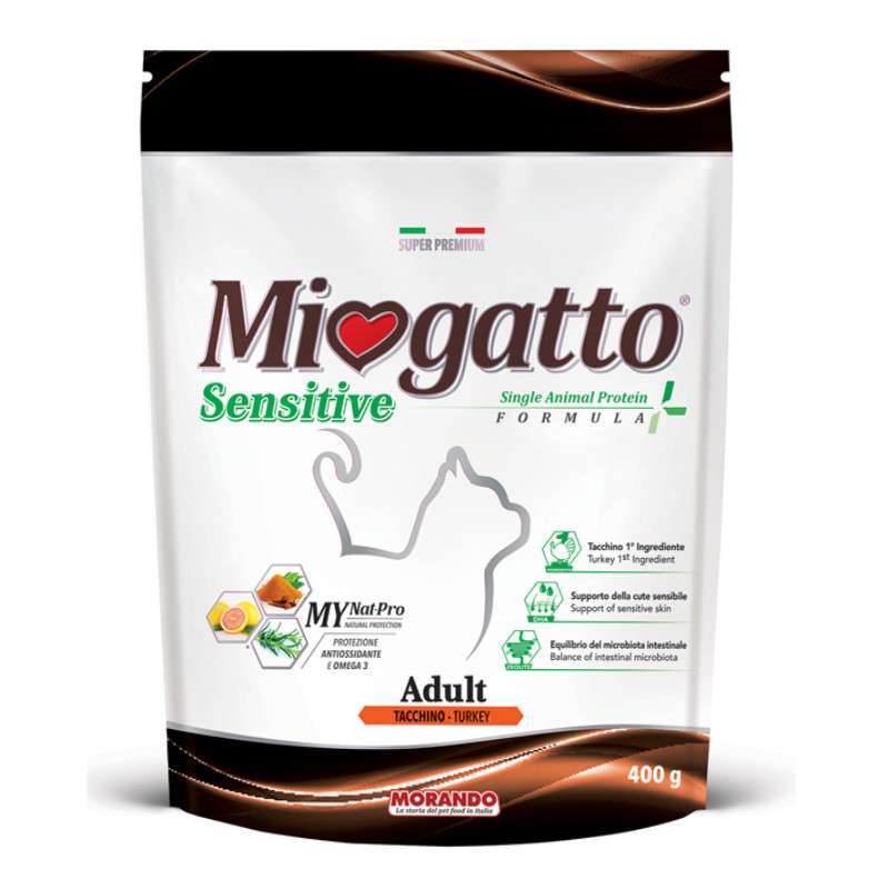 Miogatto (Міогатто) Sensitive Monoprotein Adult Turkey - Сухий монопротеїновий корм з індичкою для дорослих котів з чутливим травленням (400 г) в E-ZOO