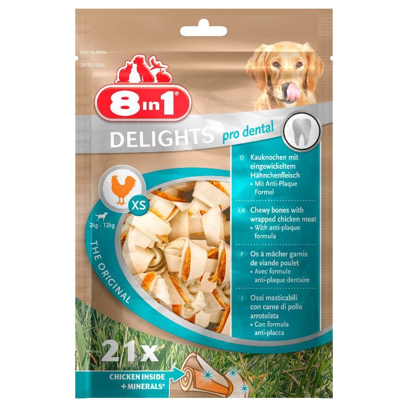 8in1 (8в1) Delights Pro Dental XS Chicken - Кістка для чищення зубів з м'ясом курки, для собак дрібних порід (21 шт./уп.) в E-ZOO
