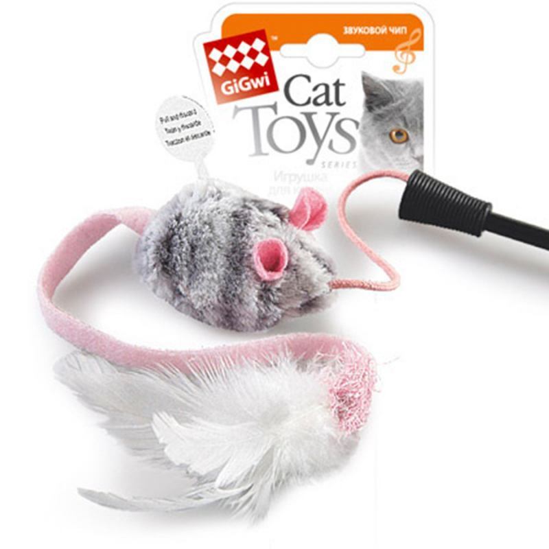 GiGwi (ГиГви) Cat Toys Teaser - Игрушка-дразнилка для котов на стеке с мышкой со звуковым эффектом (51 см) в E-ZOO