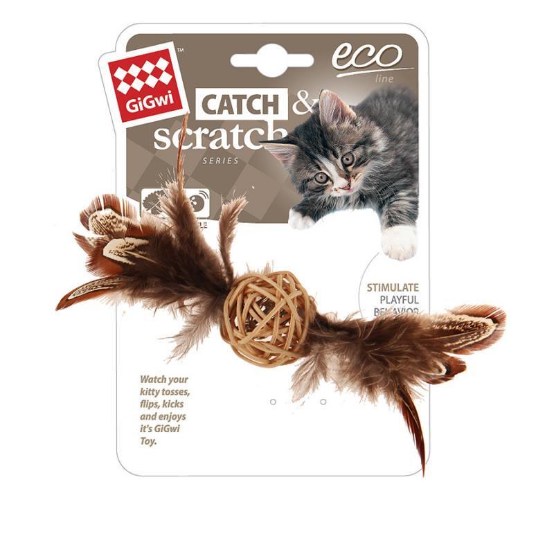 GiGwi (ГиГви) Catch&scratch - Игрушка для котов Плетеный мячик с колокольчиком и перьями (13 см) в E-ZOO
