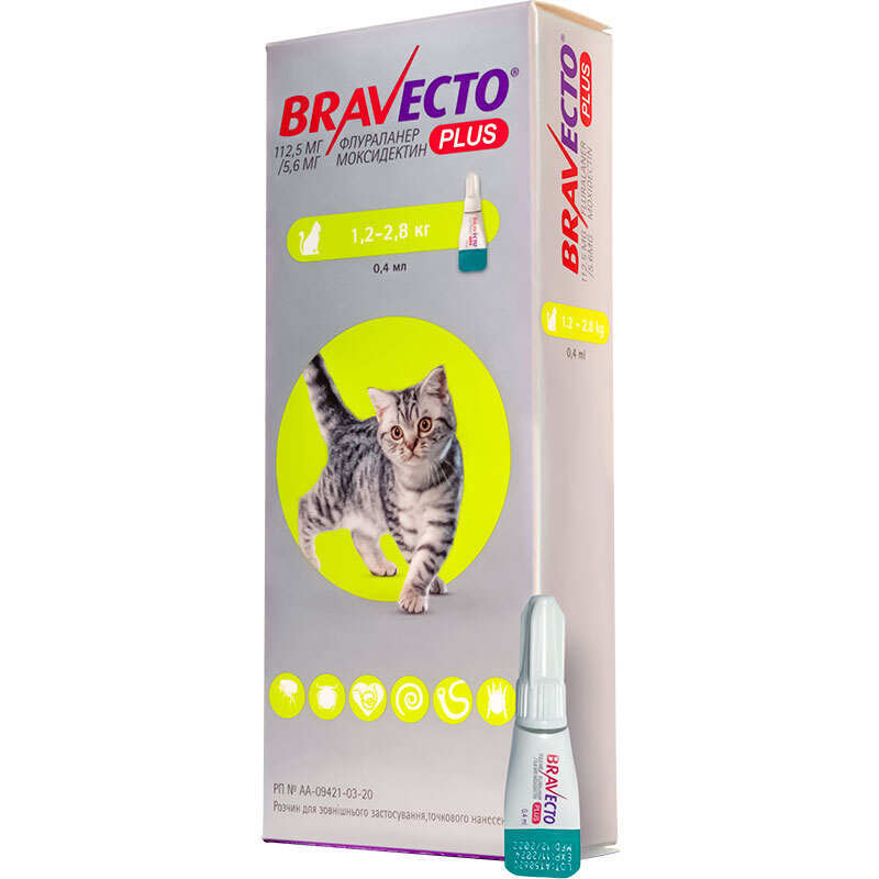Bravecto Plus (Бравекто Плюс) Противопаразитарные капли на холку от блох, клещей и глистов для котов (1,2-2,8 кг) в E-ZOO