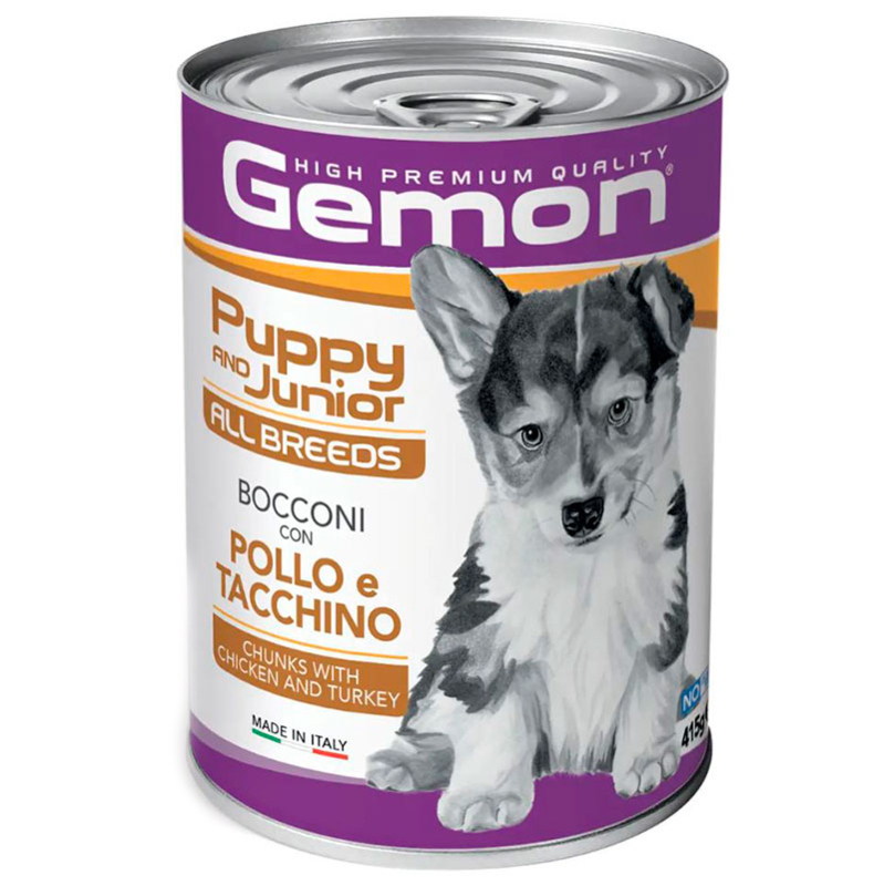 Gemon (Джемон) Dog Wet Puppy & Junior with Chicken & Turkey - Полноценный влажный корм с курицей и индейкой для щенков собак всех пород (кусочки в желе) (415 г) в E-ZOO