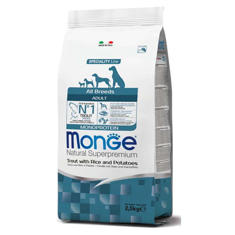 Monge (Монж) Monoprotein All Breeds Adult Trout with Rice and Potatoes – Сухой монопротеиновый корм с форелью, рисом и картофелем для взрослых собак различных пород (2,5 кг) в E-ZOO