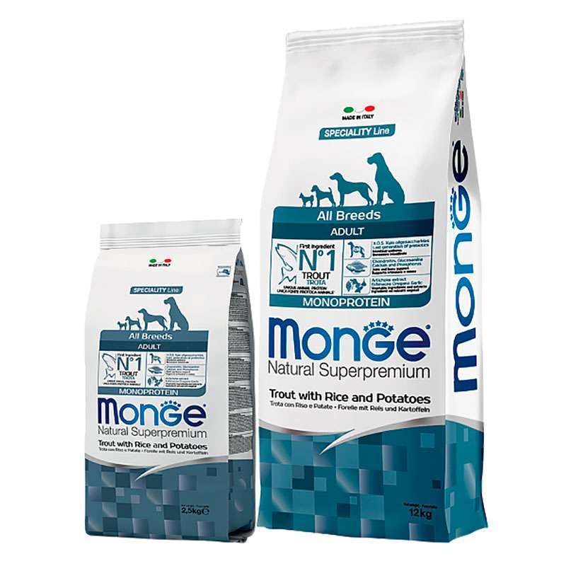 Monge (Монж) Monoprotein All Breeds Adult Trout with Rice and Potatoes – Сухий монопротеїновий корм з фореллю, рисом і картоплею для дорослих собак різних порід (2,5 кг) в E-ZOO