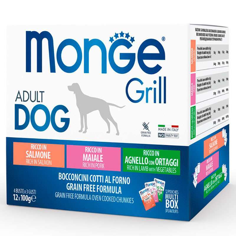 Monge (Монж) Grill Adult Dog Multipack Lamb&Pork&Salmon – Набір паучів з ягням та овочами, свининою, лососем для собак великих порід (12х100 г) в E-ZOO