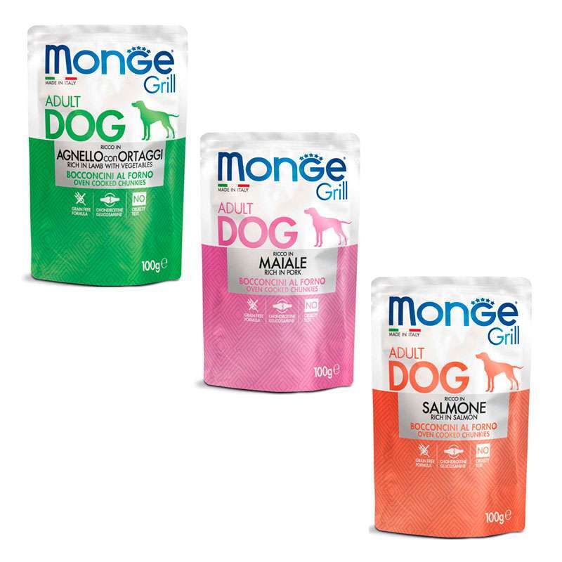 Monge (Монж) Grill Adult Dog Multipack Lamb&Pork&Salmon – Набор паучей с ягненком и овощами, свининой, лососем для собак крупных пород (12х100 г) в E-ZOO
