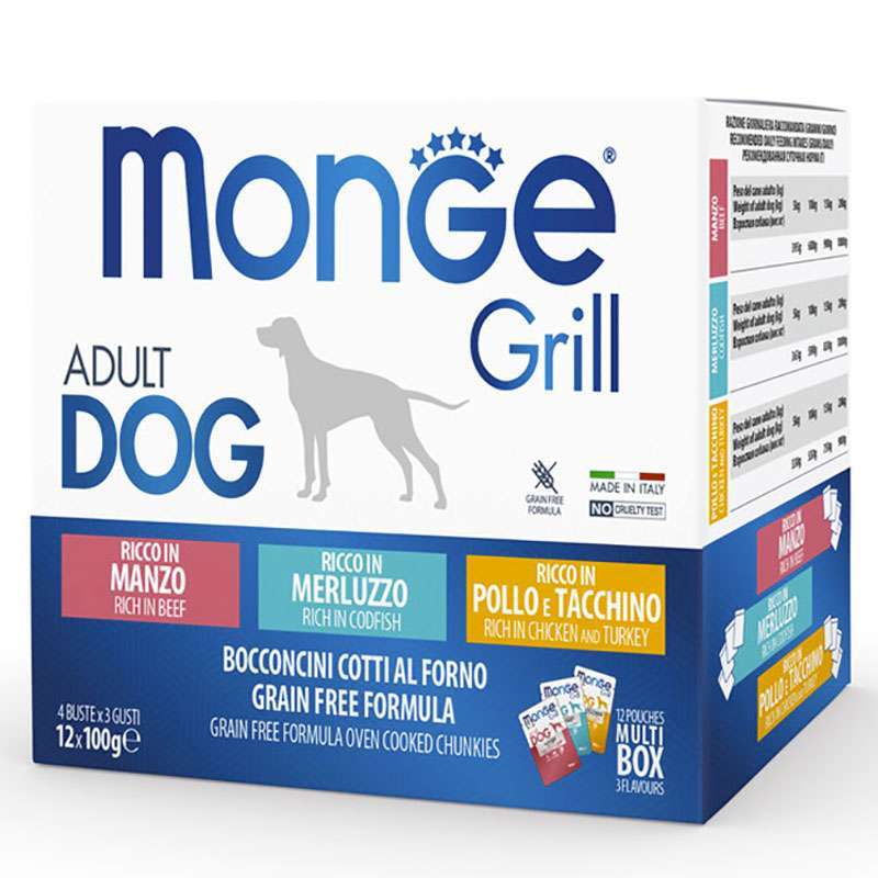 Monge (Монж) Grill Multipack Chicken&Turkey&Beef&Cod Fish – Набор паучей с курицей, индейкой, говядиной, треской для собак крупных пород (12х100 г) в E-ZOO