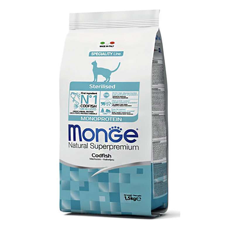 Monge (Монж) Monoprotein Sterilised Cat Codfish – Сухий монопротеїновий корм з тріскою для стерилізованих котів і кішок (1,5 кг) в E-ZOO