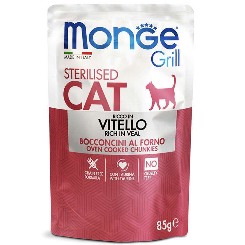 Monge (Монж) Grill Adult Sterilized Cat Veal – Консервований корм з телятиною для дорослих стерилізованих котів та кішок (шматочки в желе) (85 г) в E-ZOO