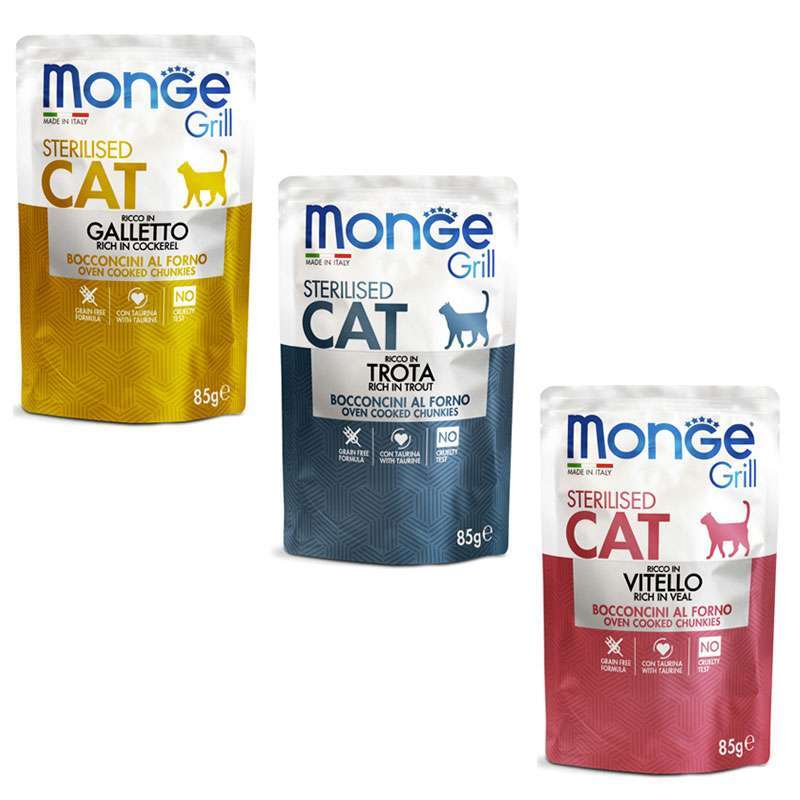Monge (Монж) Grill Sterilised Cat Multipack Cockerel&Trout&Veal – Набор паучей с петухом, форелью, телятиной для стерилизованных котов (12х85 г) в E-ZOO