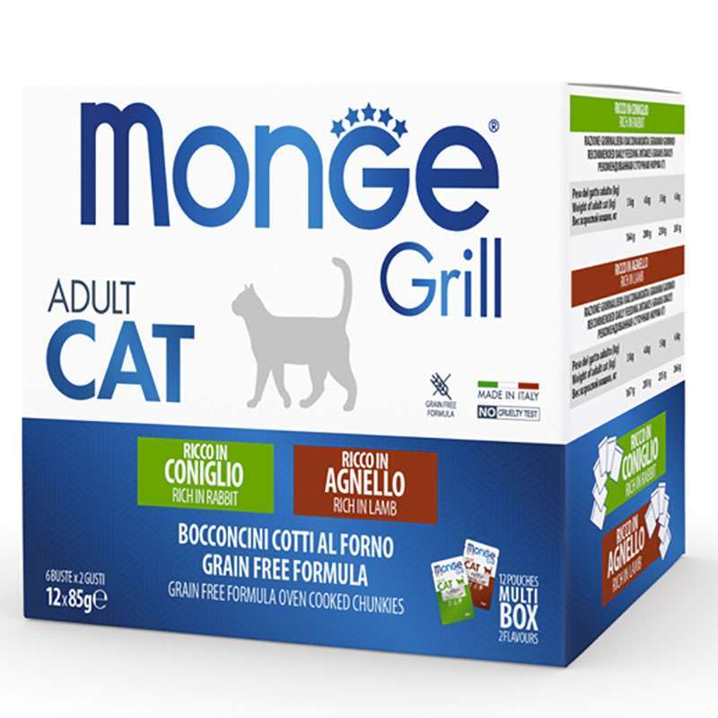 Monge (Монж) Grill Adult Cat Multipack Rabbit&Lamb – Набор паучей с кроликом и ягнёнком для взрослых котов (12х85 г) в E-ZOO