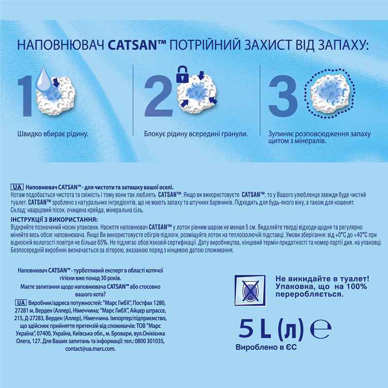 Catsan (Кетсан) Hygiene Plus – Наповнювач Гігієна Плюс кварцовий для котячого туалету (5 л) в E-ZOO