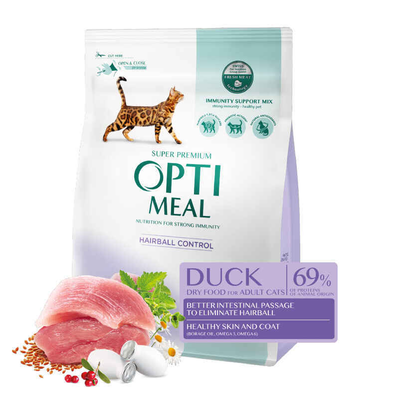 OptiMeal (ОптиМил) Duck Hairball Control Cat – Сухой корм с уткой для кошек, способствующий выведению шерсти из ЖКТ (200 г) в E-ZOO
