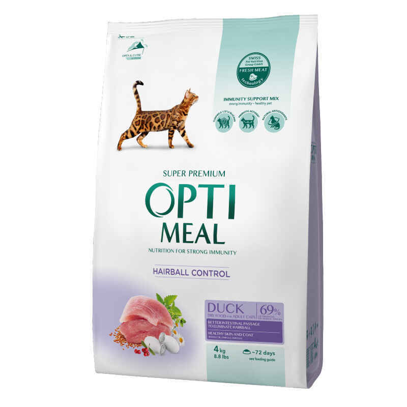 OptiMeal (ОптиМил) Duck Hairball Control Cat – Сухой корм с уткой для кошек, способствующий выведению шерсти из ЖКТ (4 кг) в E-ZOO