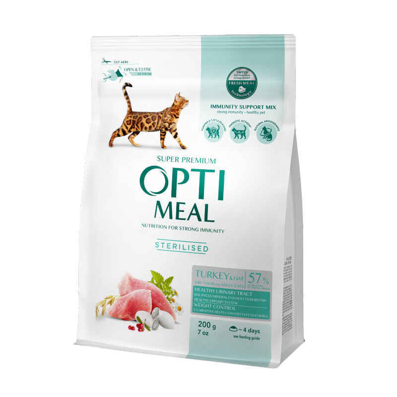 OptiMeal (ОптиМил) Turkey Sterilized Cat – Сухой корм с индейкой и овсом для стерилизованных котов (200 г) в E-ZOO