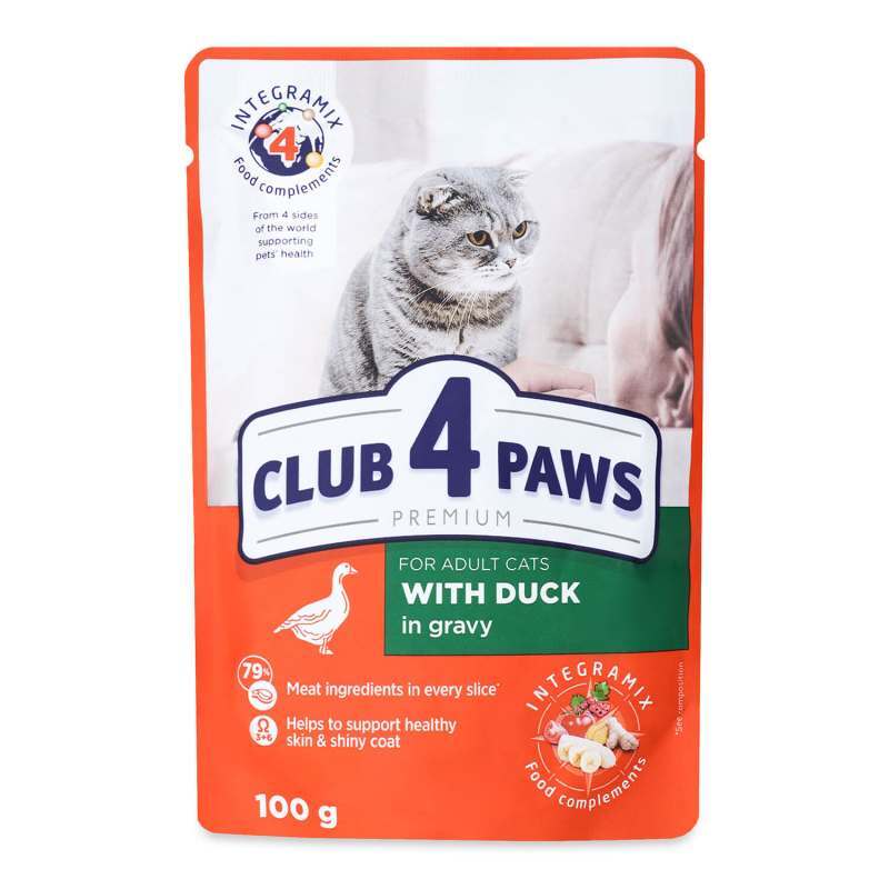 Club 4 Paws (Клуб 4 Лапи) Premium Adult Cat Duck in Gravy - Вологий корм з качкою для дорослих котів (шматочки в соусі) (100 г) в E-ZOO