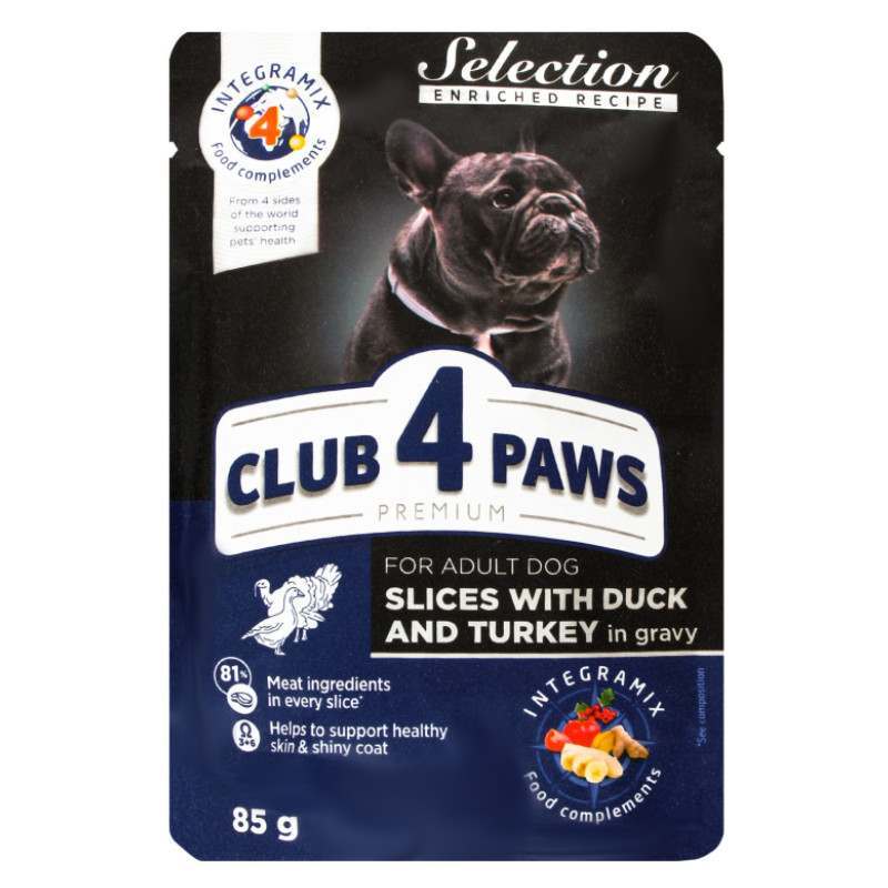 Club 4 Paws (Клуб 4 Лапи) Premium Selection Adult Dog Slices Duck and Turkey in Gravy - Вологий корм з качкою та індичкою для дорослих собак (шматочки в соусі) (85 г) в E-ZOO