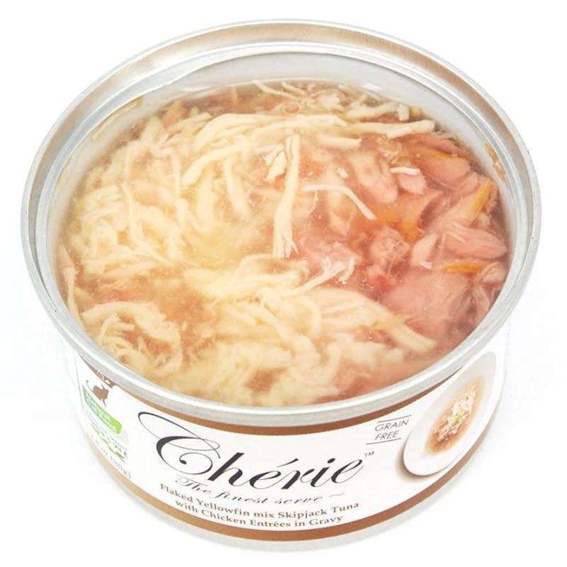 Cherie (Шері) Yellowfin mix Skipjack Tuna with Chicken Entrеes in Gravy - Вологий корм з тунцем та куркою для дорослих кішок (шматочки в соусі) (80 г) в E-ZOO
