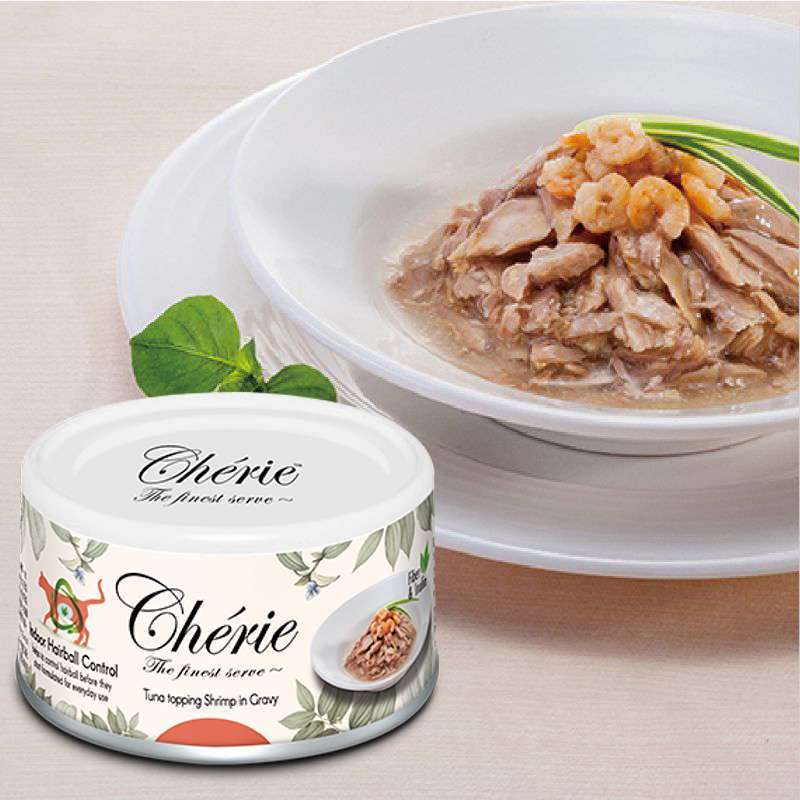 Cherie (Шері) Hairball Control Tuna topping Shrimp in Gravy - Вологий корм з тунцем та креветками для контролю утворення грудочок шерсті для дорослих котів (шматочки в соусі) (80 г) в E-ZOO