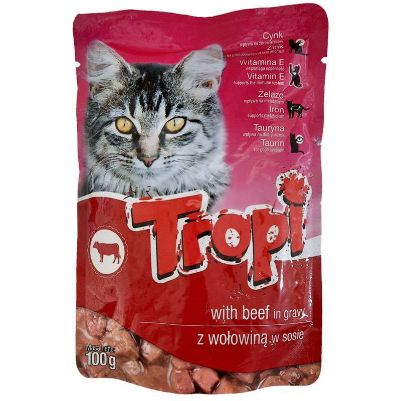 Tropi (Тропі) Pouch for Cat Beef in Gravy - Вологий корм з яловичиною для котів (шматочки у соусі) (100 г) в E-ZOO