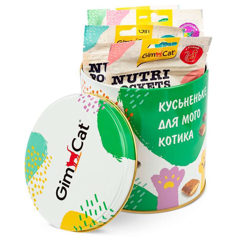 GimCat (ДжимКэт) Nutri Pockets – Набор витаминных лакомств 4 вида в металлической банке (4х60 г) в E-ZOO