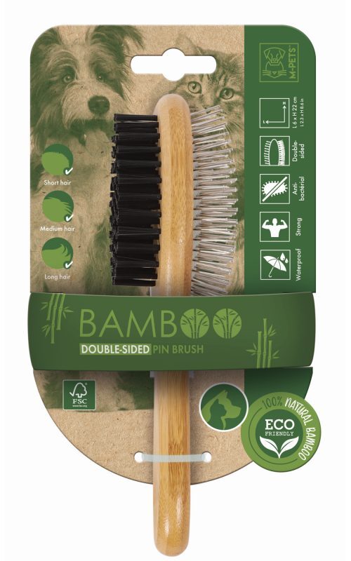 M-Pets (М-Петс) Bamboo Double-Sided Pin Brush - Щетка двусторонняя с ручкой из бамбука для собак и котов (6х22 см) в E-ZOO