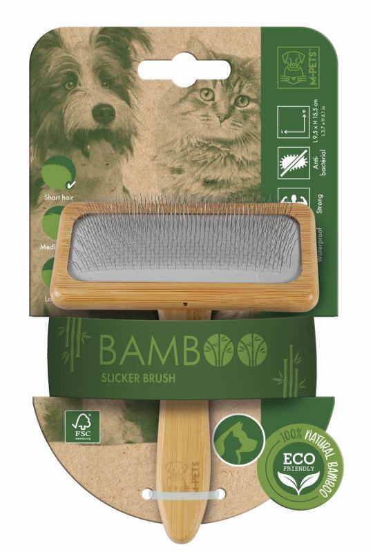M-Pets (М-Петс) Bamboo Slicker Brush - Щетка-пуходерка с ручкой из бамбука для собак и котов (L) в E-ZOO