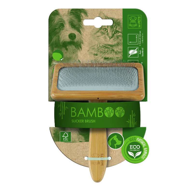 M-Pets (М-Петс) Bamboo Slicker Brush - Щетка-пуходерка с ручкой из бамбука для собак и котов (М) в E-ZOO