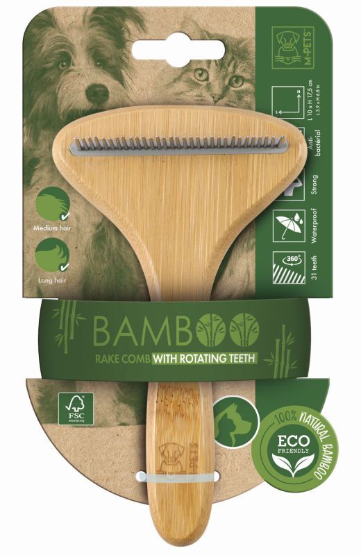 M-Pets (М-Петс) Bamboo Rake Comb with Rotating Teeth - Гребінець з зубами, що обертаються, з бамбука для собак та котів (16 зуб.) в E-ZOO