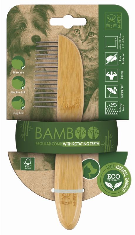 M-Pets (М-Петс) Bamboo Regular Comb with Rotating Teeth - Гребінець з зубами, що обертаються, з бамбука для собак та котів (31 зуб.) в E-ZOO