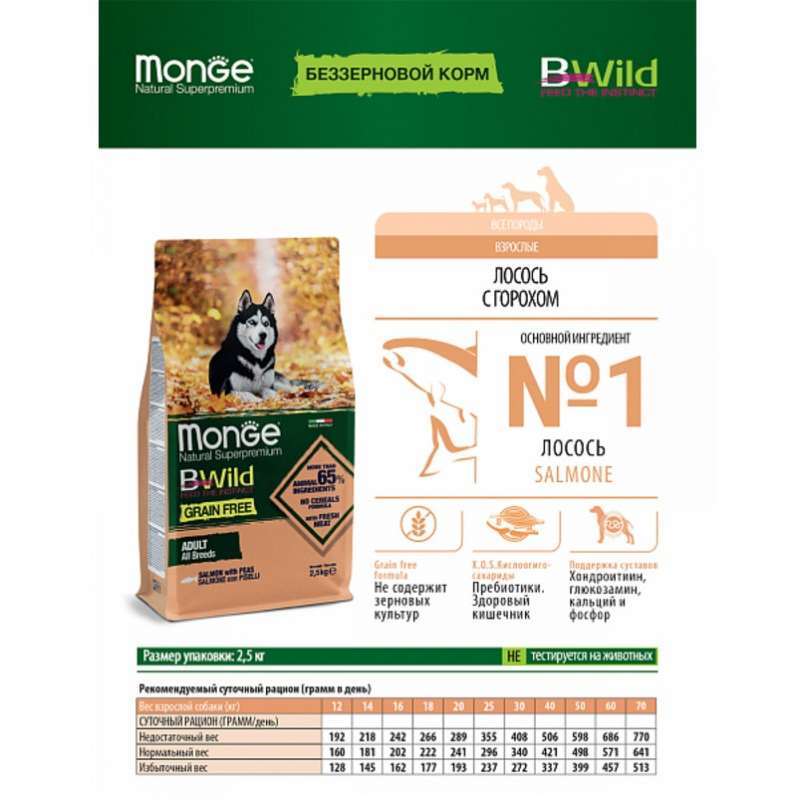 Monge (Монж) BWild Grain Free Salmon & Peas Adult All Breeds - Беззерновой корм c лососем и горохом для взрослых собак всех пород (2,5 кг) в E-ZOO