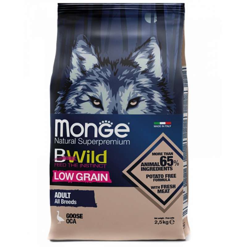 Monge (Монж) BWild Low Grain Goose Adult All Breeds - Низькозерновий сухий корм з м'яса гусака для дорослих собак усіх порід (2,5 кг) в E-ZOO