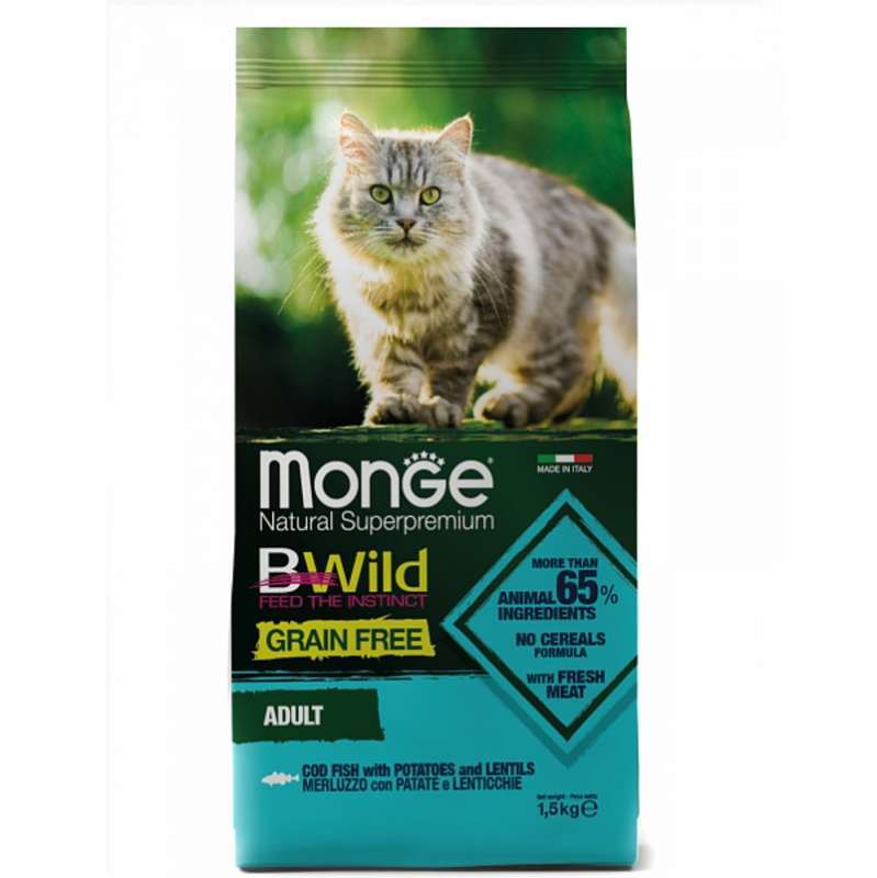 Monge (Монж) BWild Grain Free Cod Fish Adult Cat - Сухой беззерновой корм из трески, картофеля и чечевицы для взрослых кошек (1,5 кг) в E-ZOO