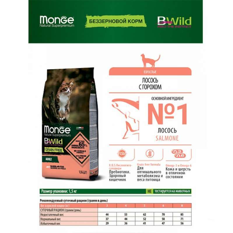 Monge (Монж) BWild Grain Free Salmon Adult Cat - Сухой беззерновой корм с лососем для взрослых кошек (1,5 кг) в E-ZOO