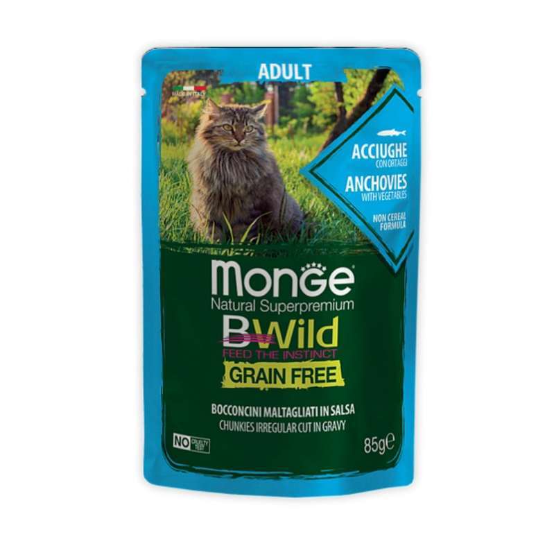 Monge (Монж) BWild Grain Free Wet Anchovies Adult Cat - Влажный беззерновой корм из анчоусов с овощами для взрослых кошек (кусочки в соусе) (85 г) в E-ZOO