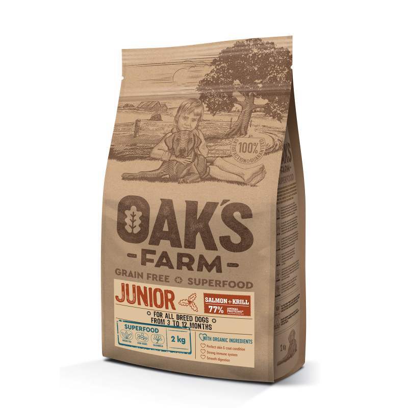Oak's Farm (Оакс Фарм) Grain Free Salmon with Krill Junior All Breed Dogs - Сухой беззерновой корм с лососем и крилем для молодых собак различных пород возрастом от 3 месяцев до года (2 кг) в E-ZOO