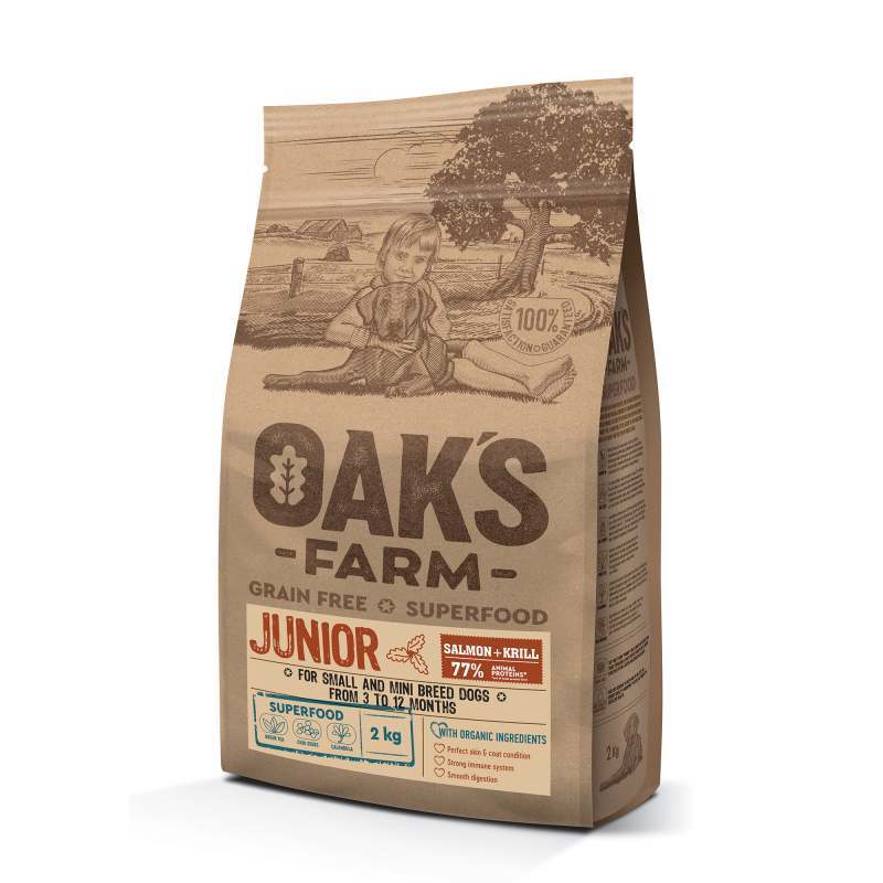 Oak's Farm (Оакс Фарм) Grain Free Salmon with Krill Junior Small & Mini Breed Dogs - Сухой беззерновой корм с лососем и крилем для молодых собак малых пород возрастом от 3 месяцев до года (2 кг) в E-ZOO