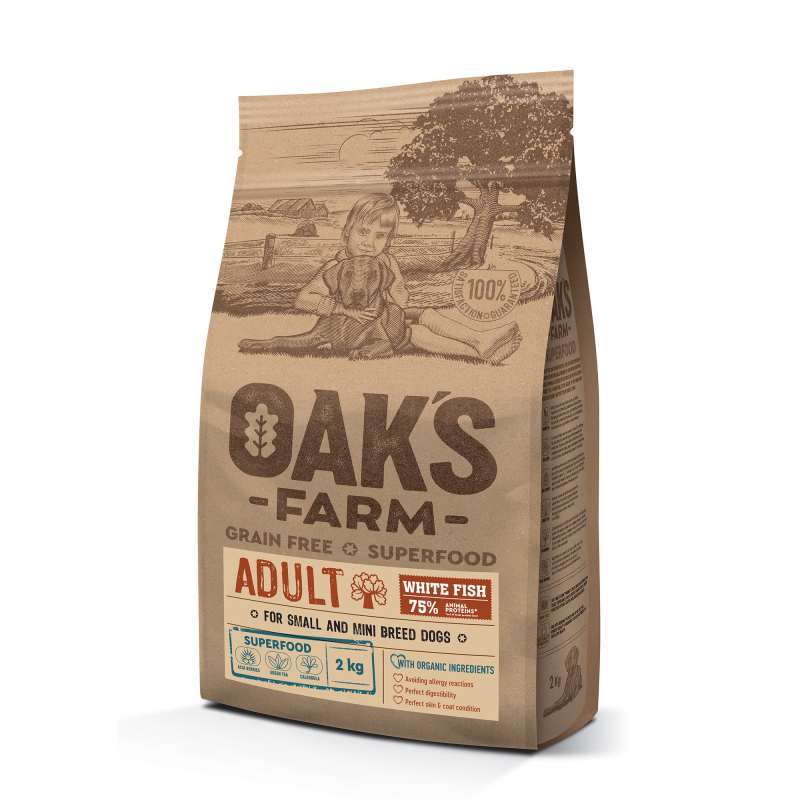 Oak's Farm (Оакс Фарм) Grain Free White Fish Adult Small and Mini Breed Dogs - Сухой беззерновой корм с белой рыбой для взрослых собак малых пород (2 кг) в E-ZOO